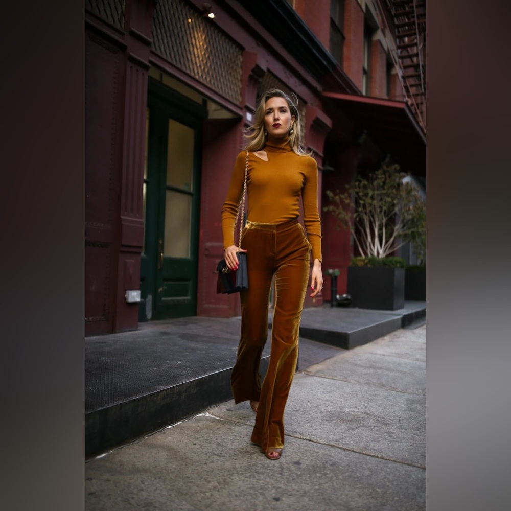 ISO Veronica Beard velvet pants in the color marigold/gold.
